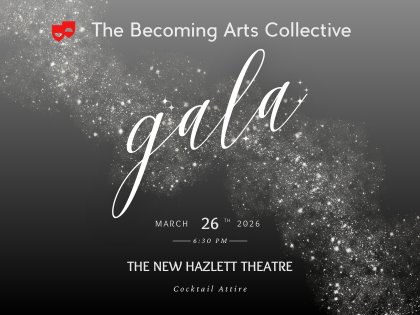 Graphic for The Becoming Arts Collective Gala with Sparkles on a gray background