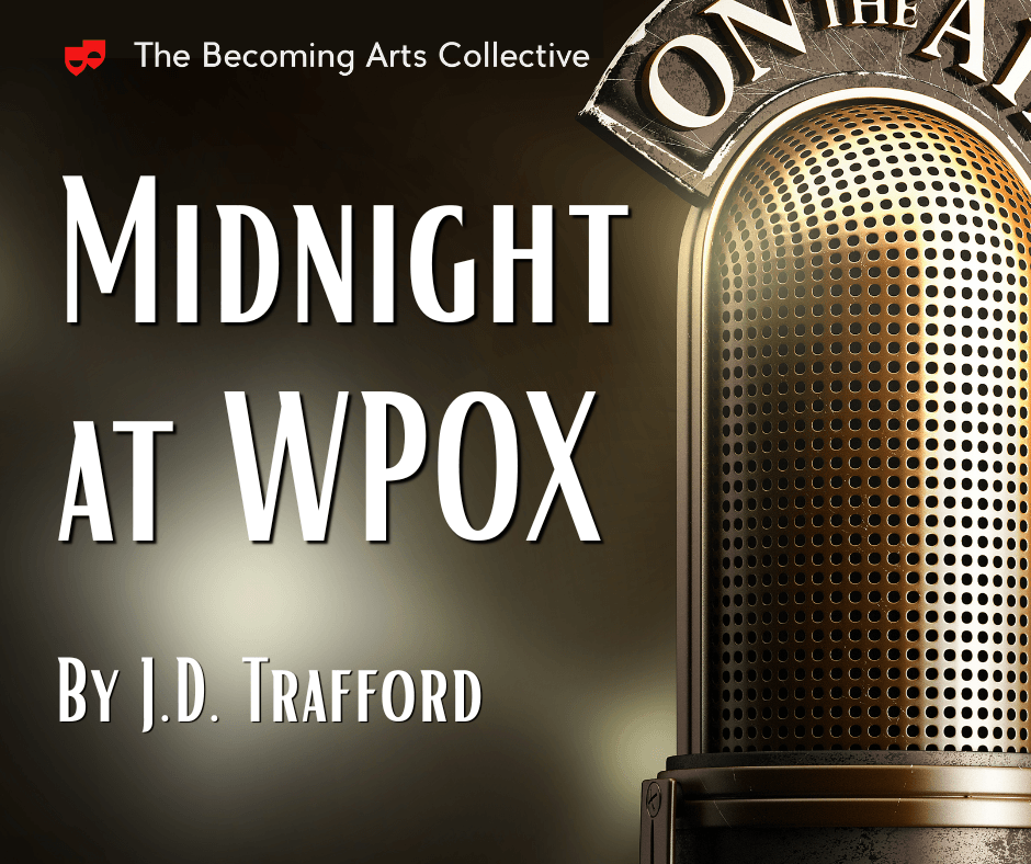 Poster for "Midnight at WPOX" by J. D. Trafford featuring a radio microphone