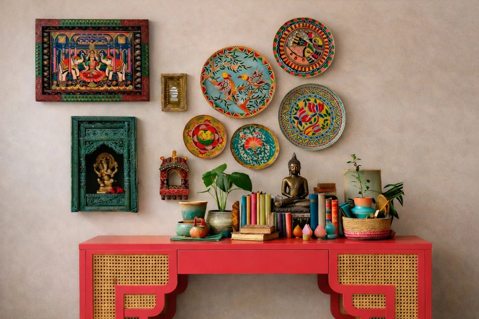 Eclectic living room global gallery wall with colorful hand-painted plates, framed artwork, and styled red console table with plants and decor.