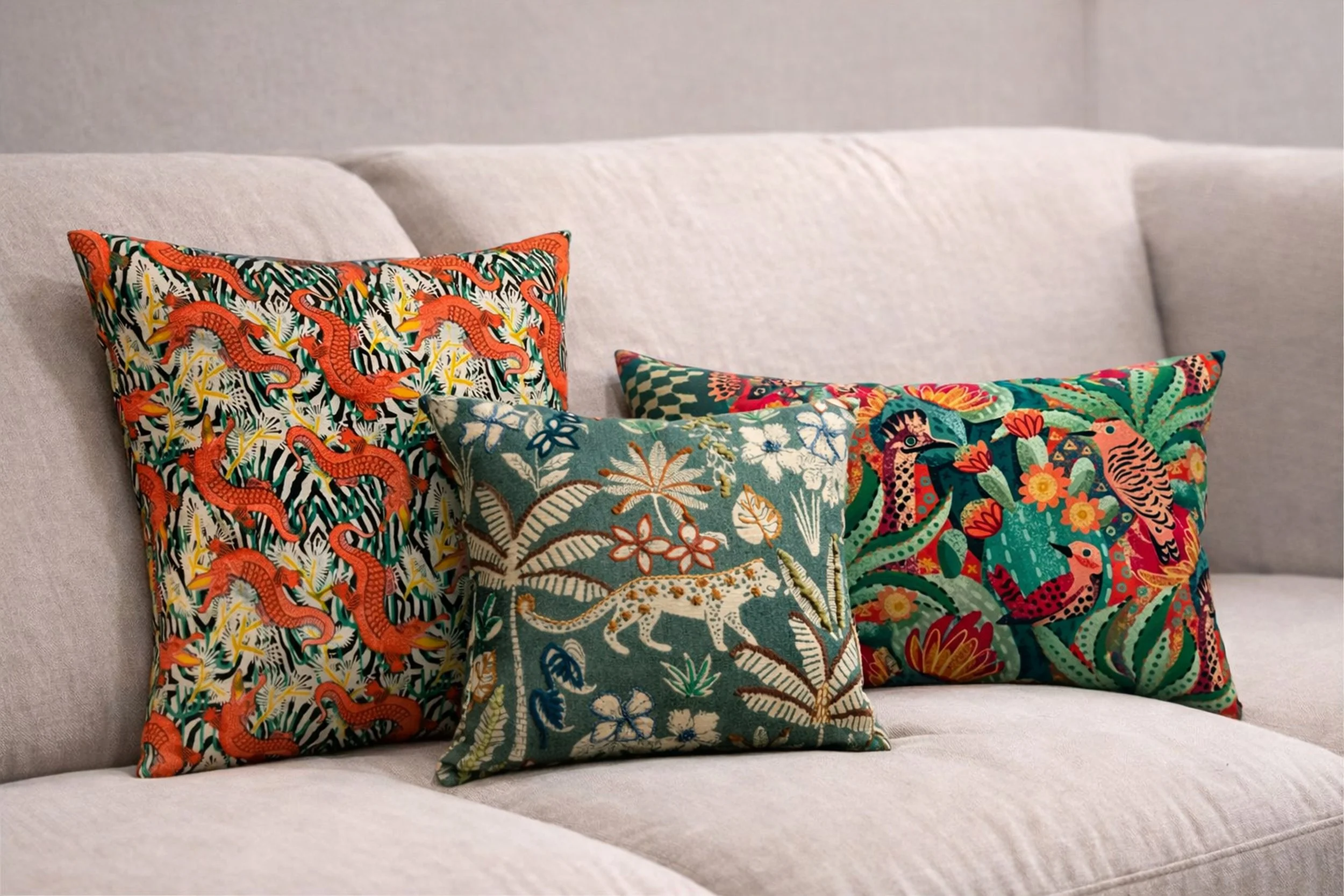 Styled decorative throw pillows in vibrant global patterns on a neutral sofa, Eclectic Living Room by Caroline by Design, Montclair NJ.