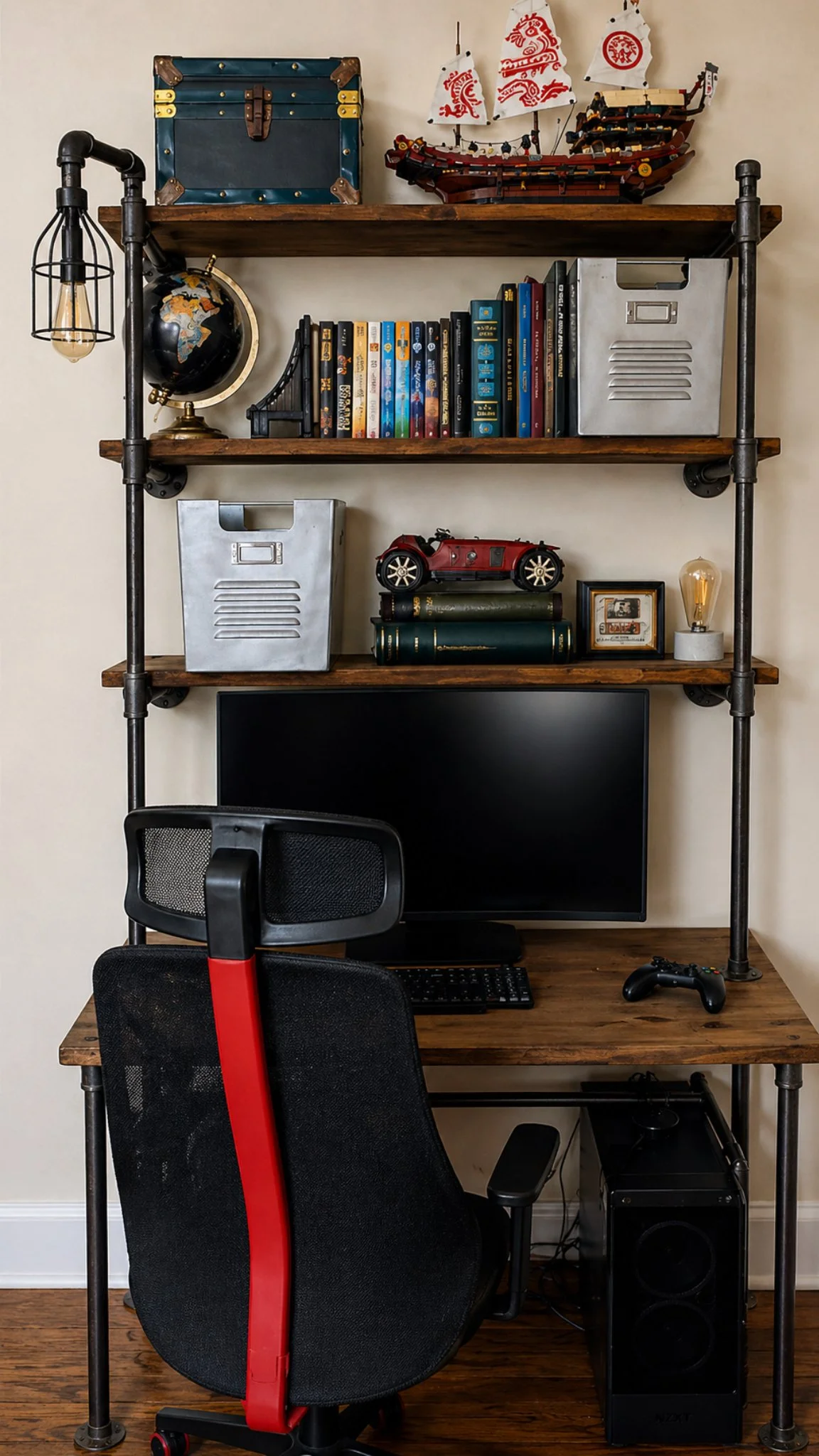 Industrial pipe desk and shelving styled with books, globe, vintage decor, and model ship in a teen bedroom designed by Caroline by Design.