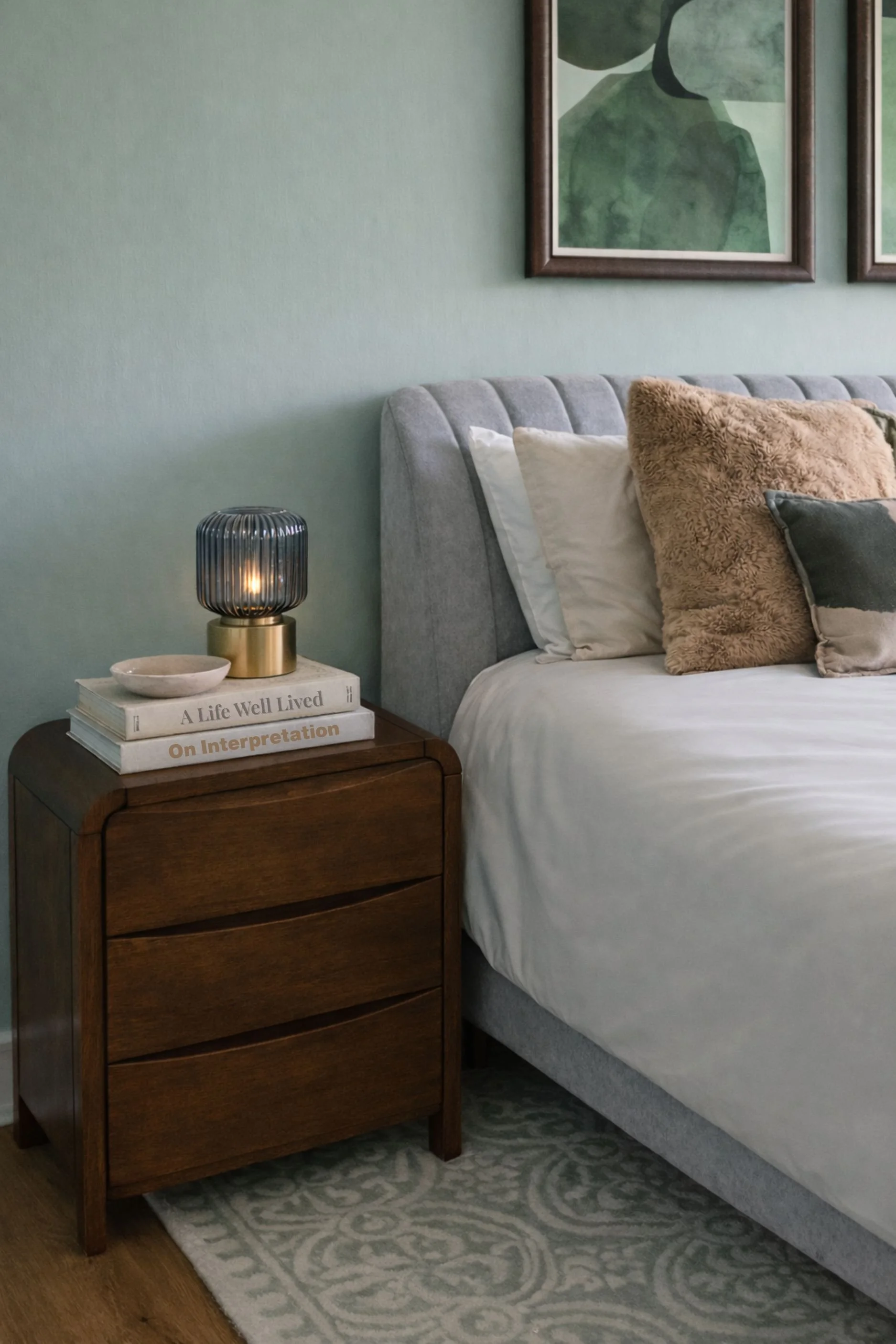 Styled walnut nightstand with design books and sculptural lamp in an organic coastal bedroom in Montclair, NJ.