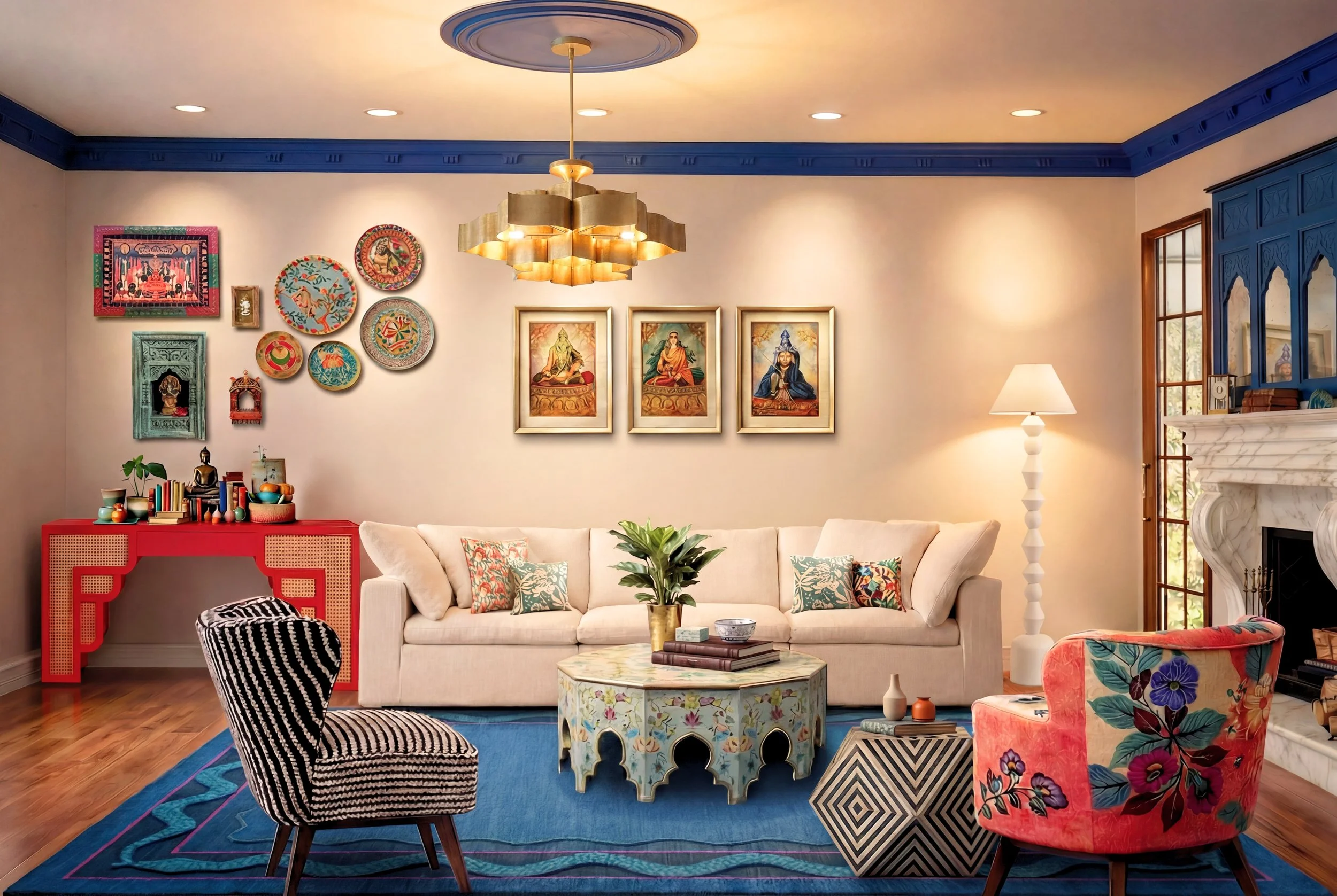 A bright living room with a white sectional sofa, colorful pillows, ornate coffee tables, blue ceiling molding, and a carved fireplace — interior design by Caroline by Design in Montclair, NJ.