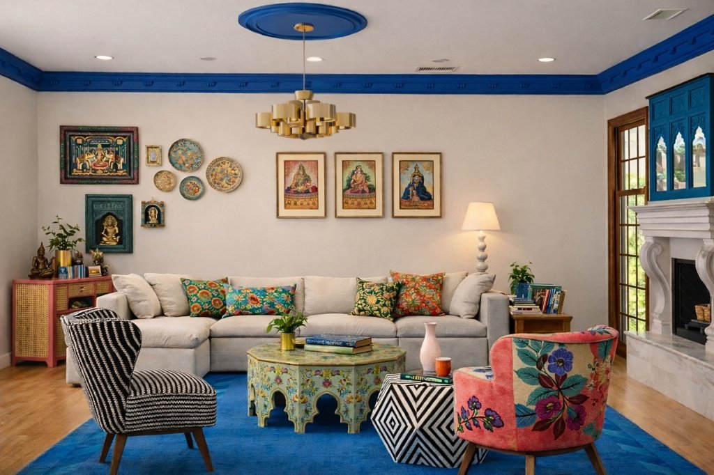 A bright living room with a white sectional sofa, colorful pillows, ornate coffee tables, blue ceiling molding, and a carved fireplace — interior design by Caroline by Design in Montclair, NJ.