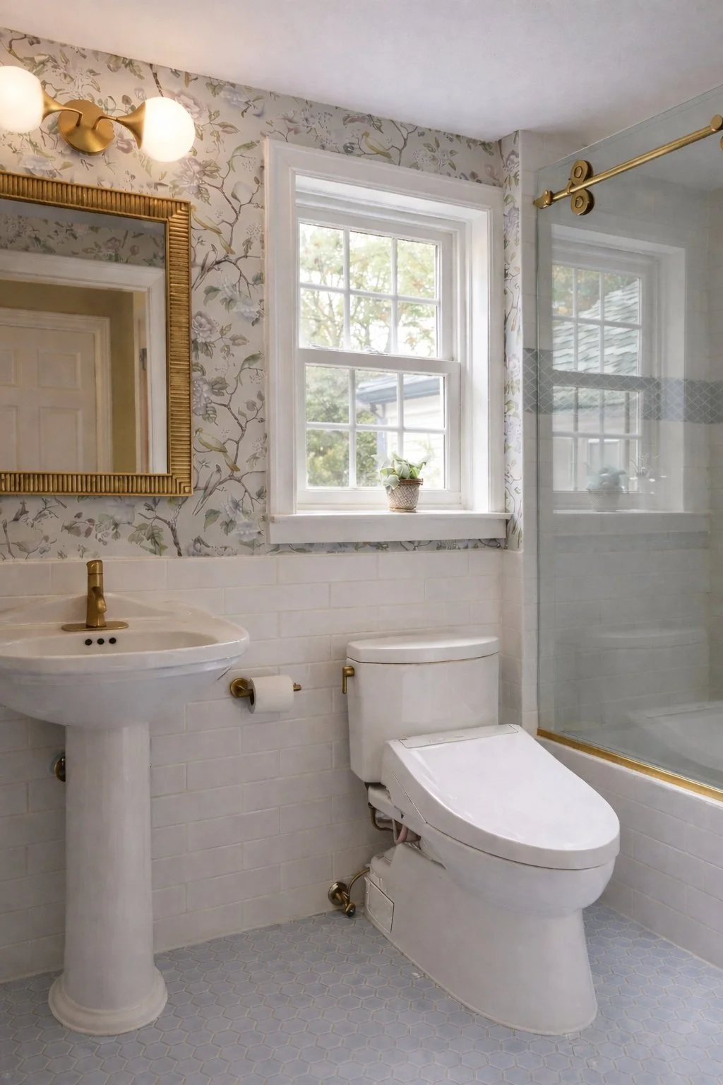 Powder room vanity with botanical wallpaper, brass faucet, and decorative mirror.