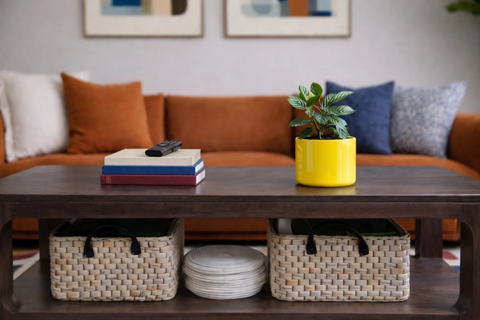 Living room coffee table styling with stacked books and plant in eclectic TV room designed by Caroline by Design.
