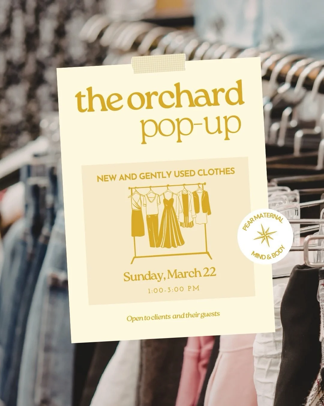 Save the Date! Our clients and their guests are invited to browse the closet, try on clothes, and bring home any clothes that they want to add to their wardrobes! Light refreshments will be provided.
​
We will set up a shopping experience in the yoga