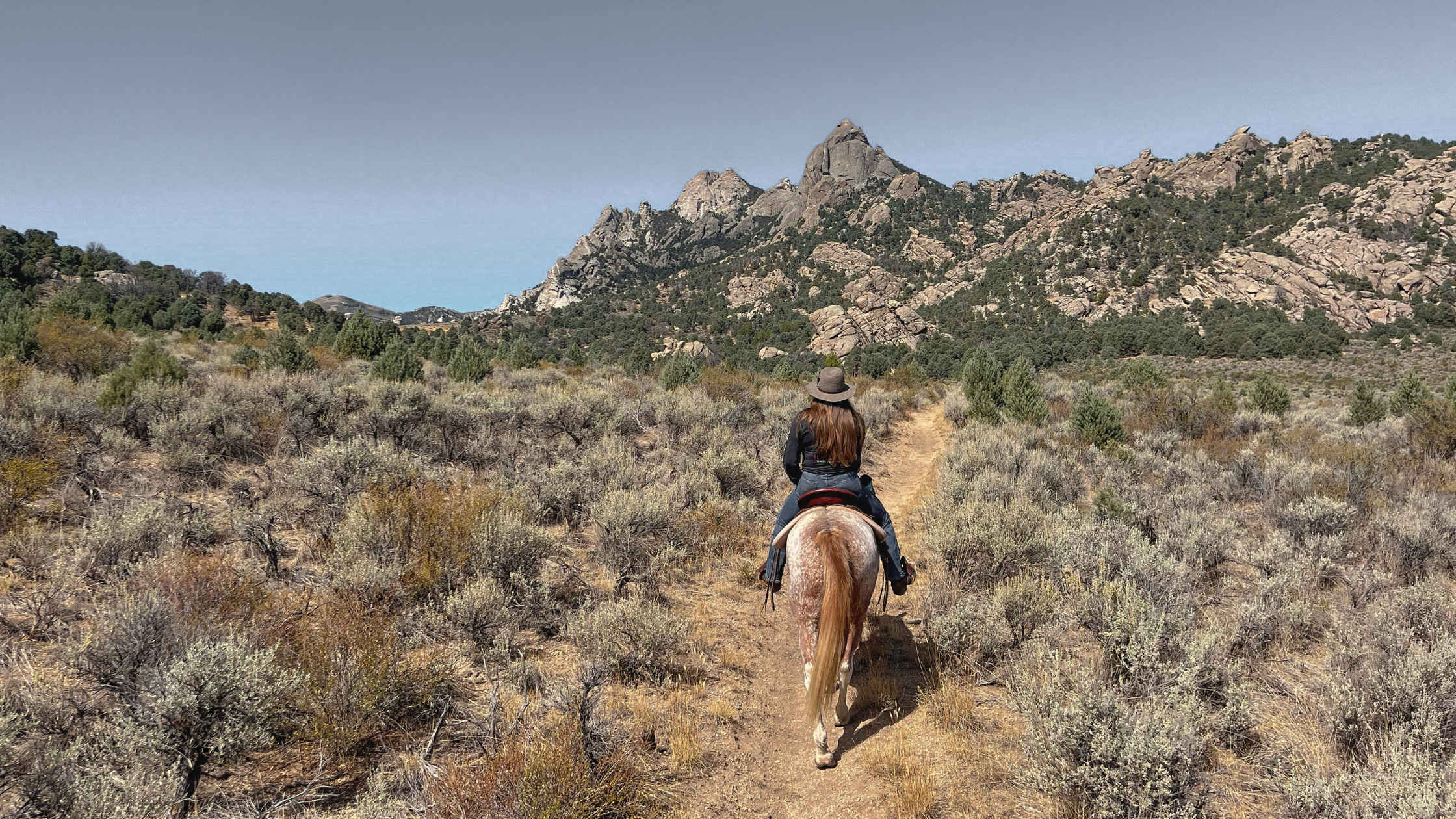 A woman riding a horse on a dirt trail through a desert landscape with shrubs and rocky mountains in the background.