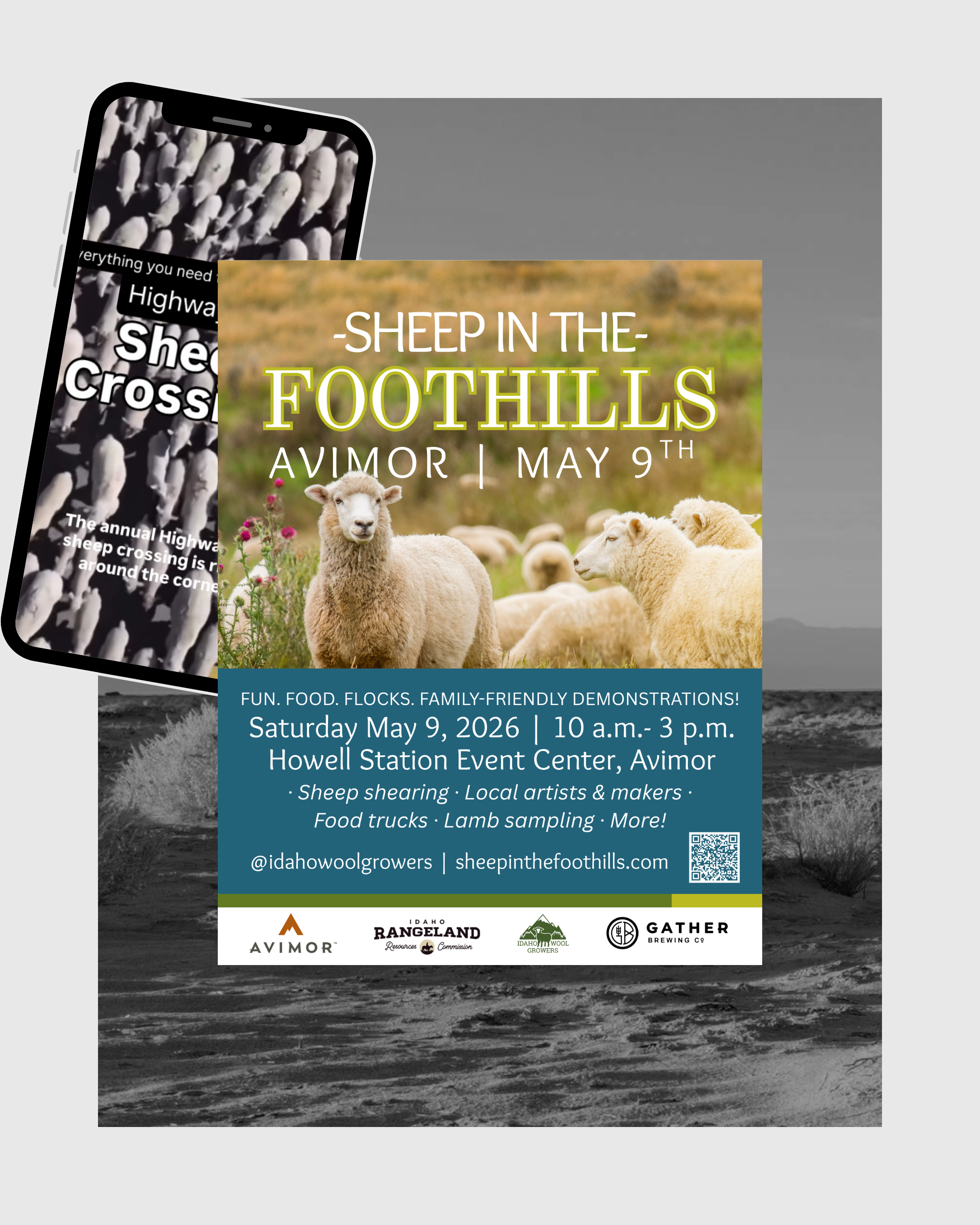 Event flyer for Sheep in the Foothills, featuring sheep and information about the family-friendly event on May 9, 2026, at Howell Station Event Center in Avimor, Idaho.