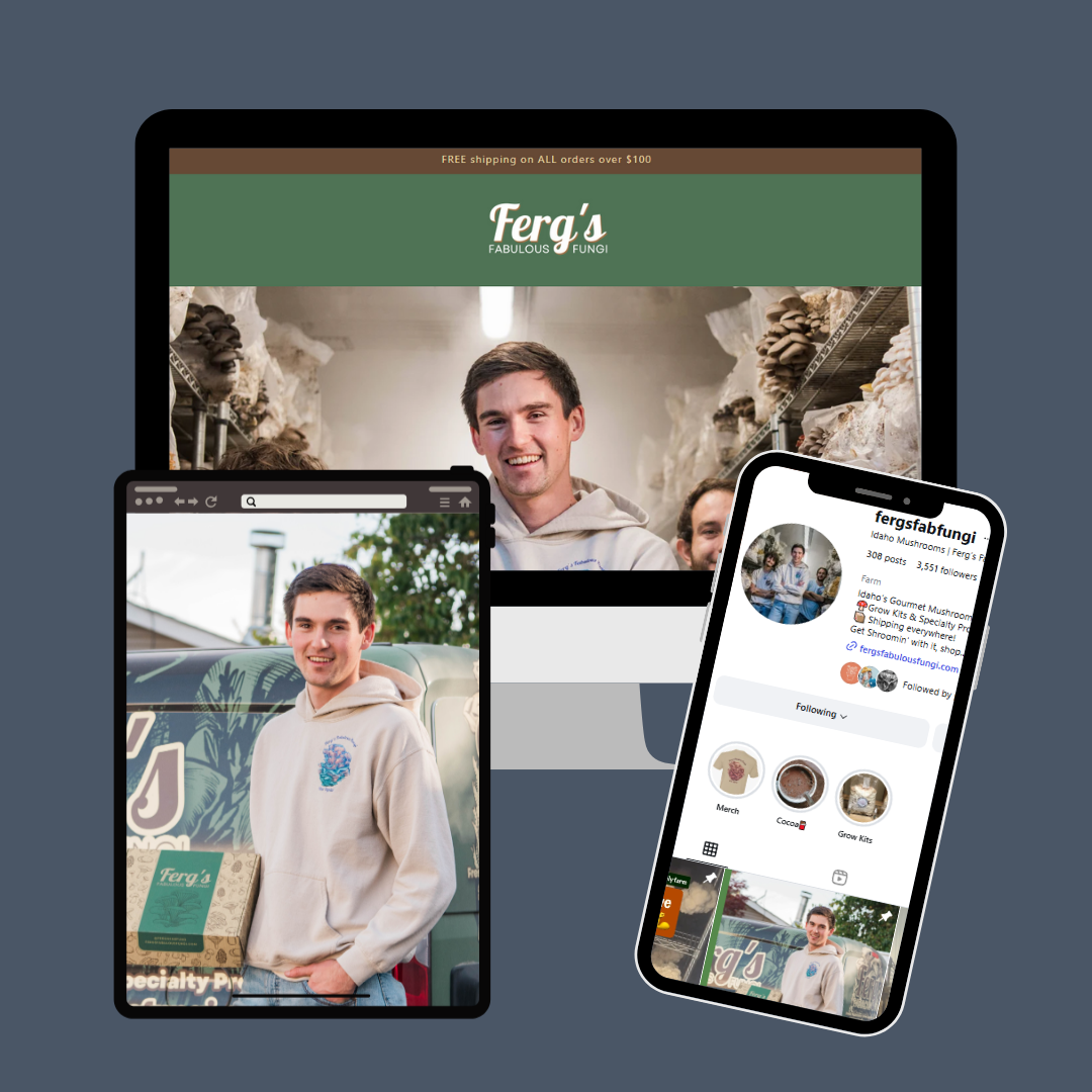 Ferg's Fabulous Fungi, a mushroom farm, showing a profile picture of a smiling young man with mushrooms, follow count, and links, with a grid of posts including behind the scenes photos of the farm and a person working with mushrooms.