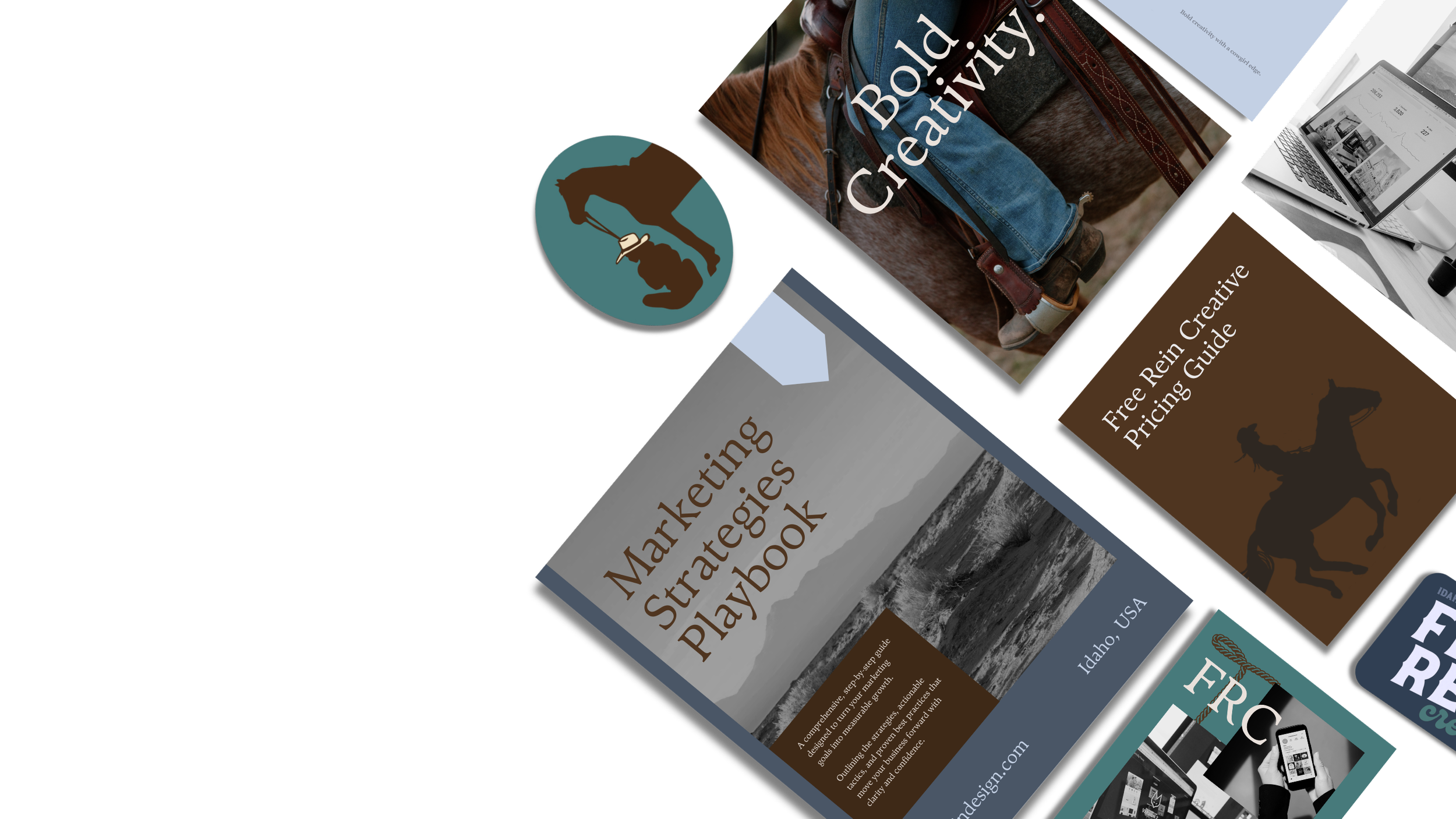 Collage of marketing books and guides, including a playbook titled "Marketing Strategies Playbook", a guide titled "Free Rein Creative Pricing Guide" with a silhouette of a cowboy on a horse, a cover with the phrase "Bold Creativity" featuring a horse's head, and a partial door with an image of a computer, illustrating various marketing materials and resources.