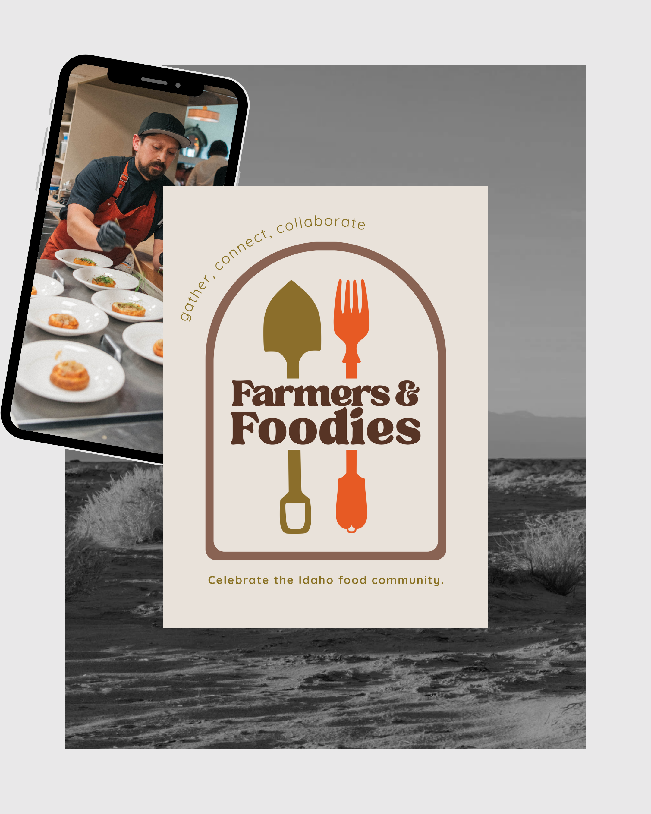 Event poster for Farmers & Foodies, celebrating the Idaho food community with a logo featuring a green shovel, orange fork, and brown bottle and fork inside an arched frame, with a photo of a chef preparing dishes in the background.