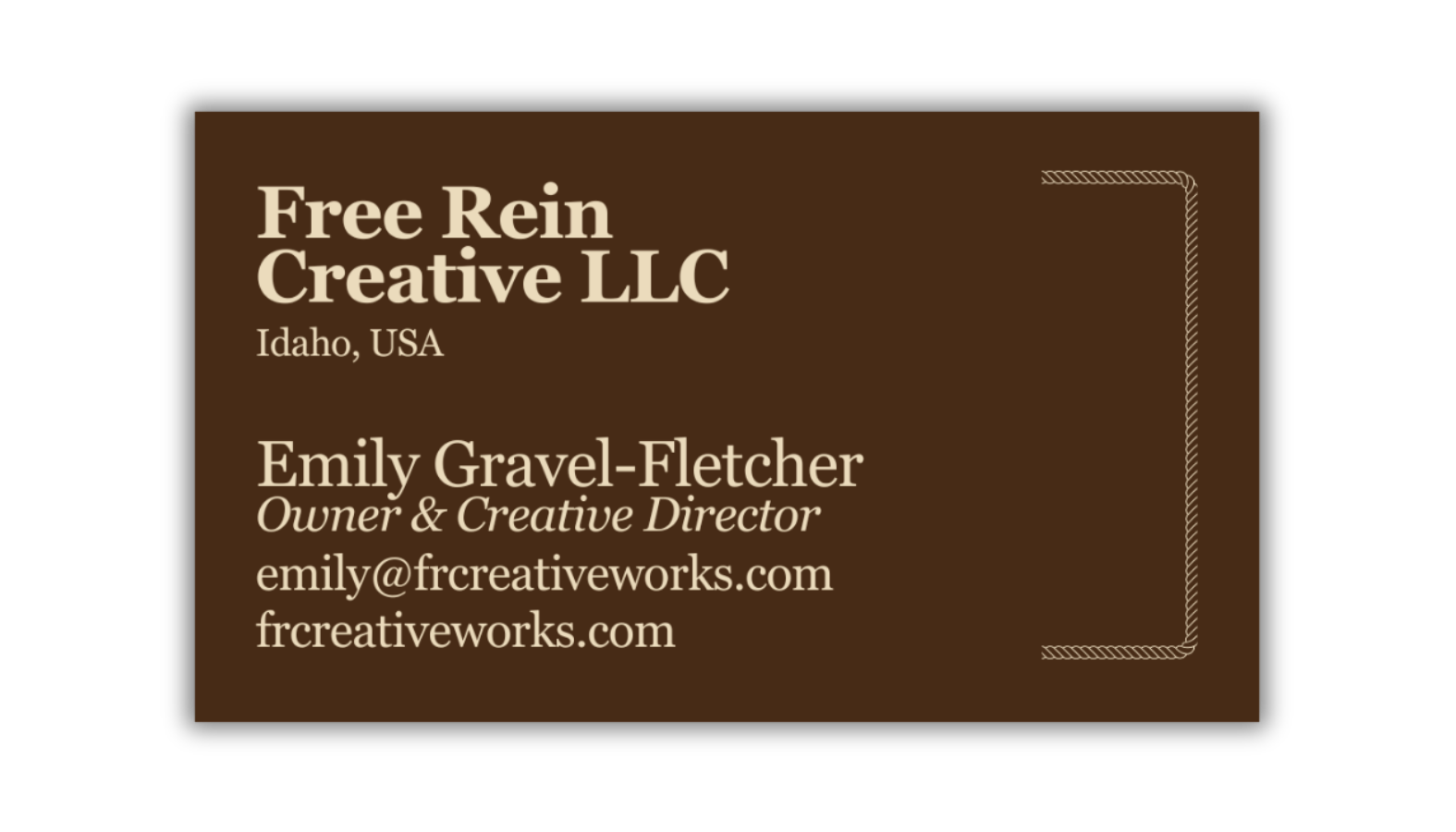 Business card for Free Rein Creative LLC, Idaho, USA. Name: Emily Gravel-Fletcher, Owner & Creative Director. Contact: emily@frcreativeworks.com, frcreativeworks.com.