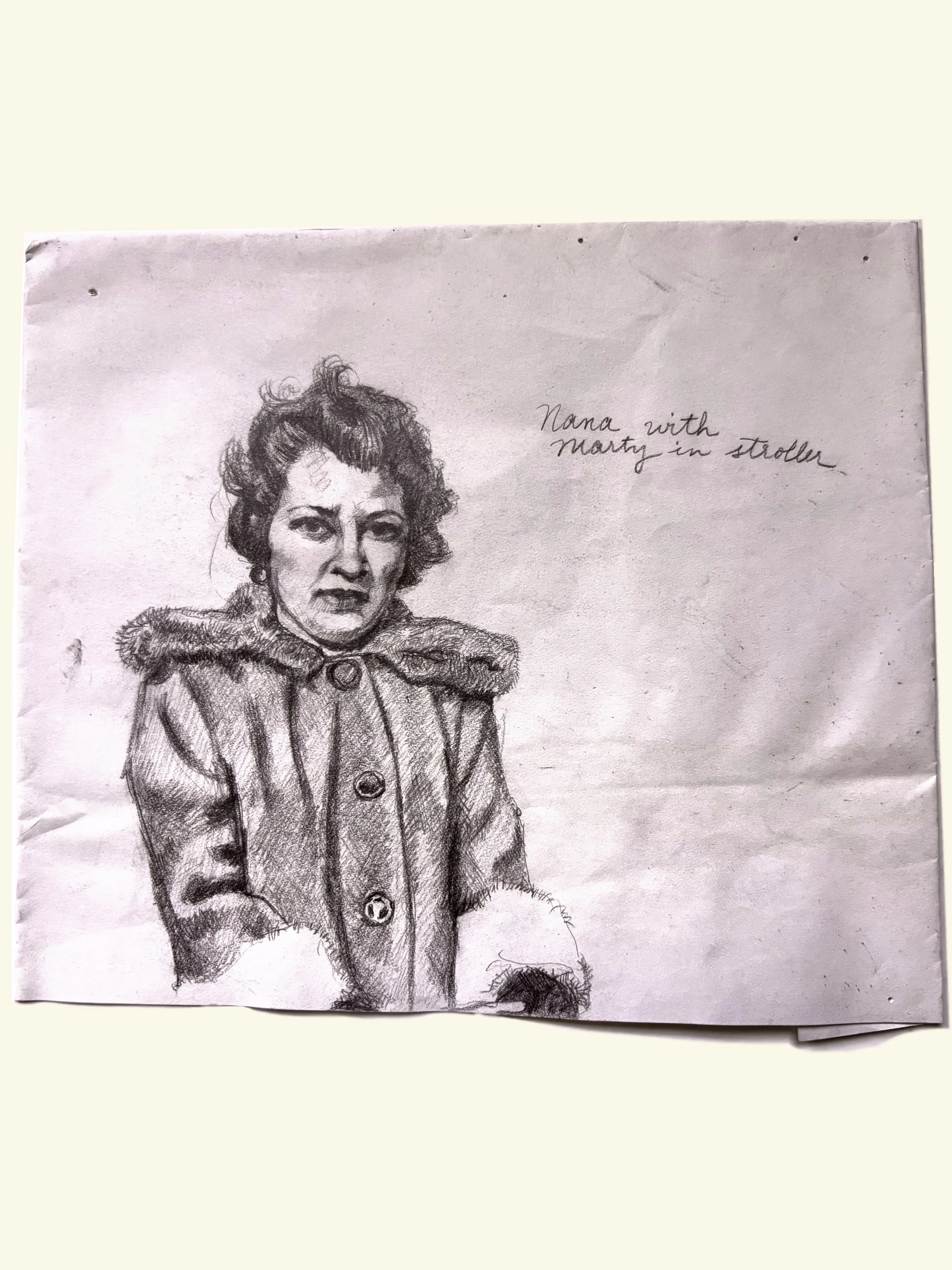 Nana With Marty In The Stroller, 2011; graphite on paper, 9" x 7"