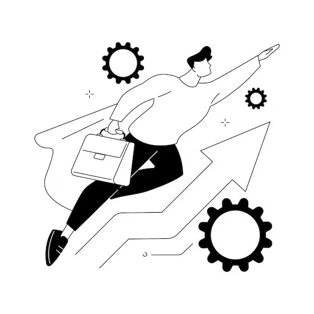 Illustration of a man in business attire holding a briefcase, flying upward with an arrow background and gear icons, symbolizing growth and progress.
