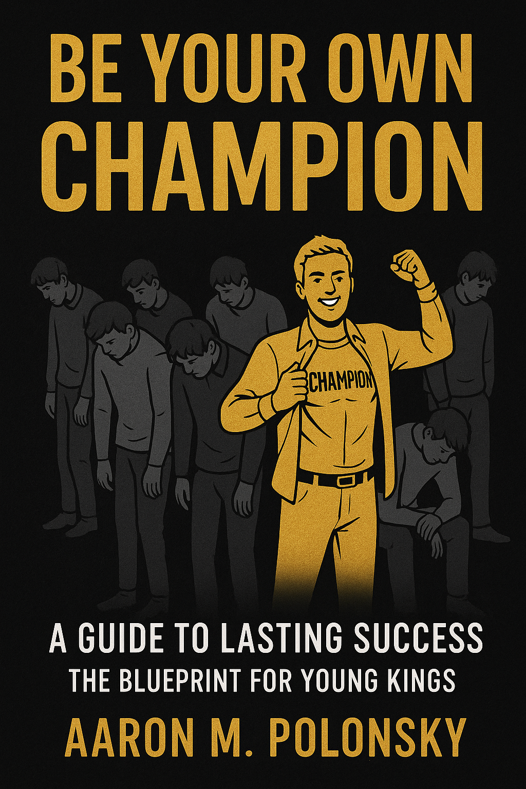 Book cover for 'Be Your Own Champion' by Aaron M. Polonsky featuring a smiling young man in yellow, with a group of boys bowing their heads behind him, all in black and gray, symbolizing success and leadership.