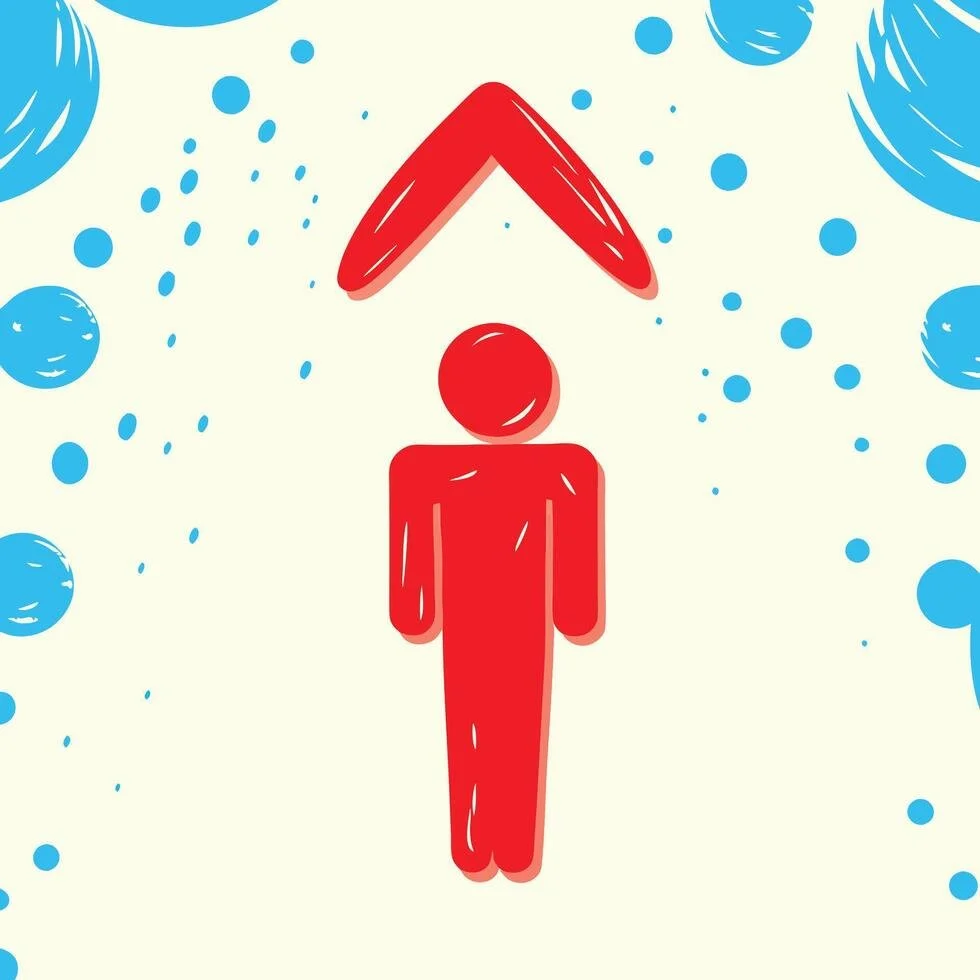 A red abstract human figure with an upward-pointing arrow above its head, surrounded by blue circles and splashes on a light background.