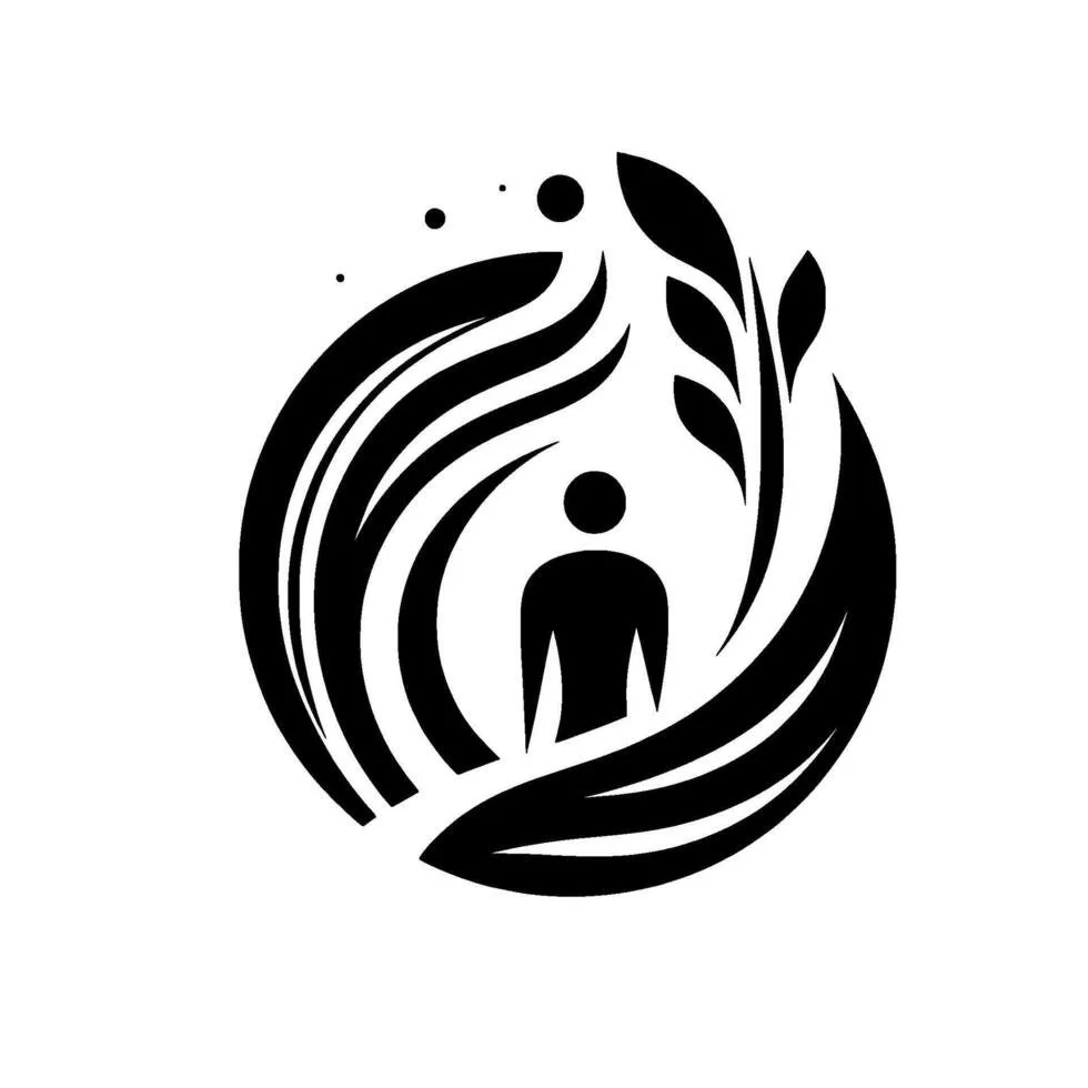 Stylized black and white abstract logo featuring a human figure surrounded by swirling lines and leaf motifs.