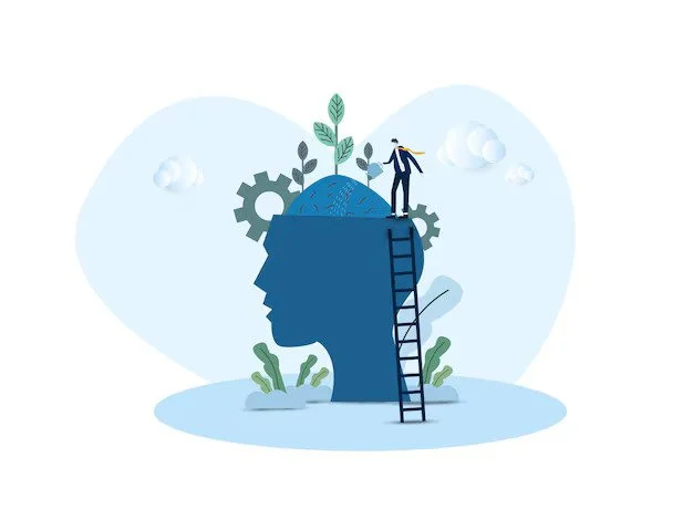 Illustration of a human head in profile with gears and plants growing from it, a person standing on top, and a ladder leaning against the head, symbolizing growth, learning, or development.