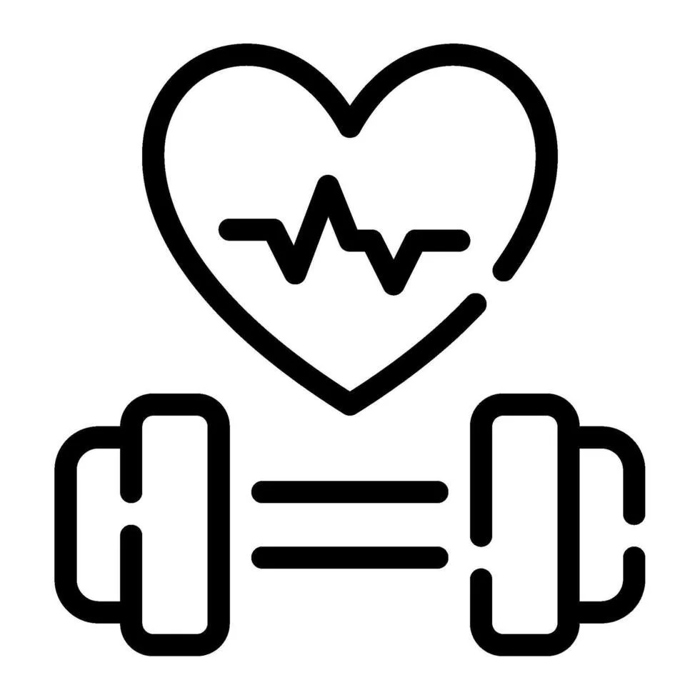 Icon of a heart with an electrocardiogram line inside, a dumbbell below, representing health and fitness.
