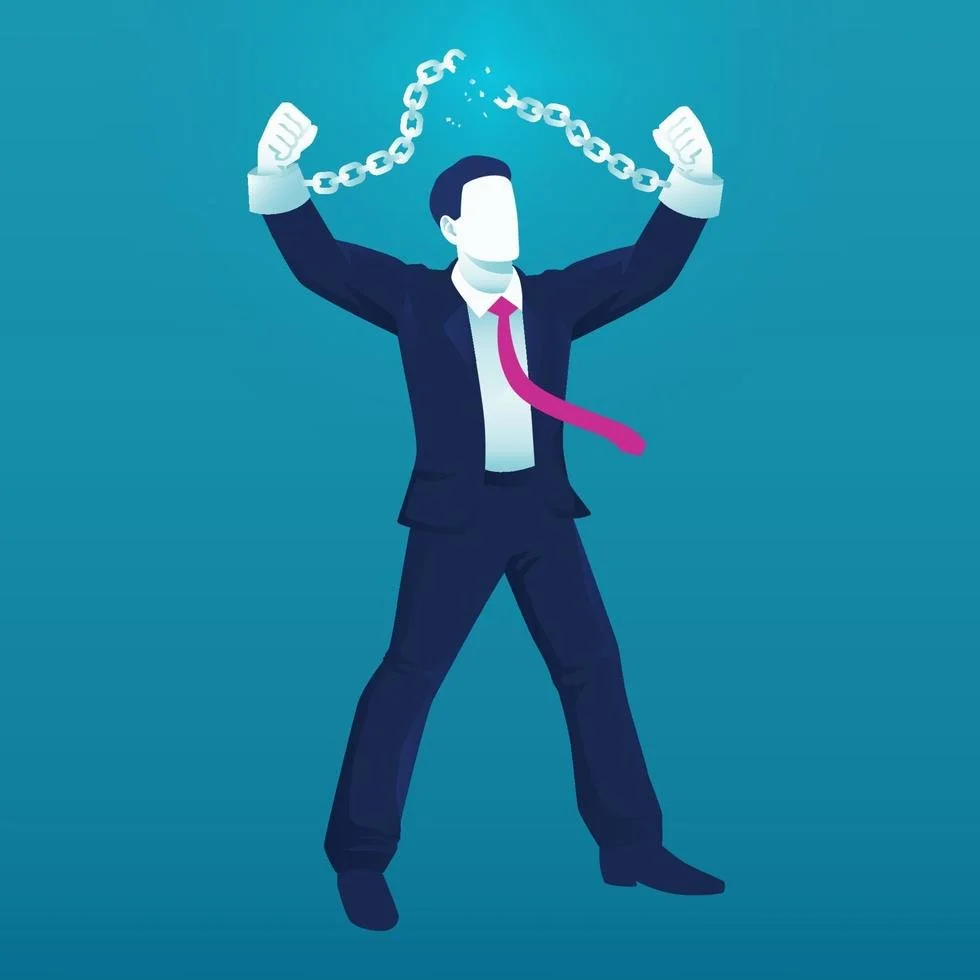 Illustration of a man in a business suit breaking free from chains, symbolizing liberation or overcoming restrictions.
