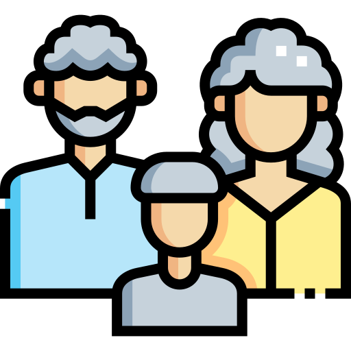 Cartoon illustration of an elderly family with a bearded man, a woman, and a child, all with gray hair.