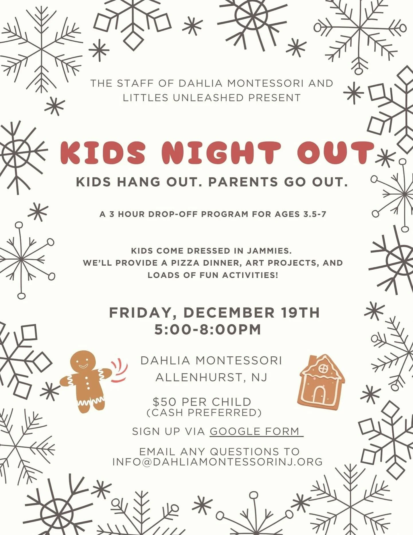 What could you do with three child-free hours the Friday before Christmas? Want to find out? While you take care of you, leave your littles with us for Kids&rsquo; Night Out! Hosted by Dahlia Montessori and Littles Unleashed, KNO features pizza, art 