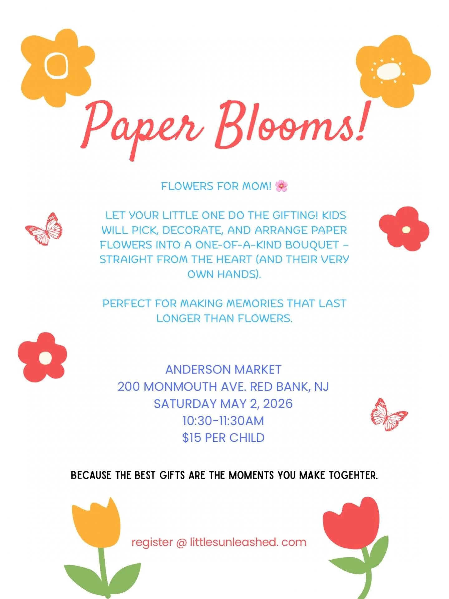 The best gift? Making something together. 🎨🌷 Flowers for Mom art class pop-up @anderson.market this Saturday at 10:30 am. Register at littlesunleashed.com.