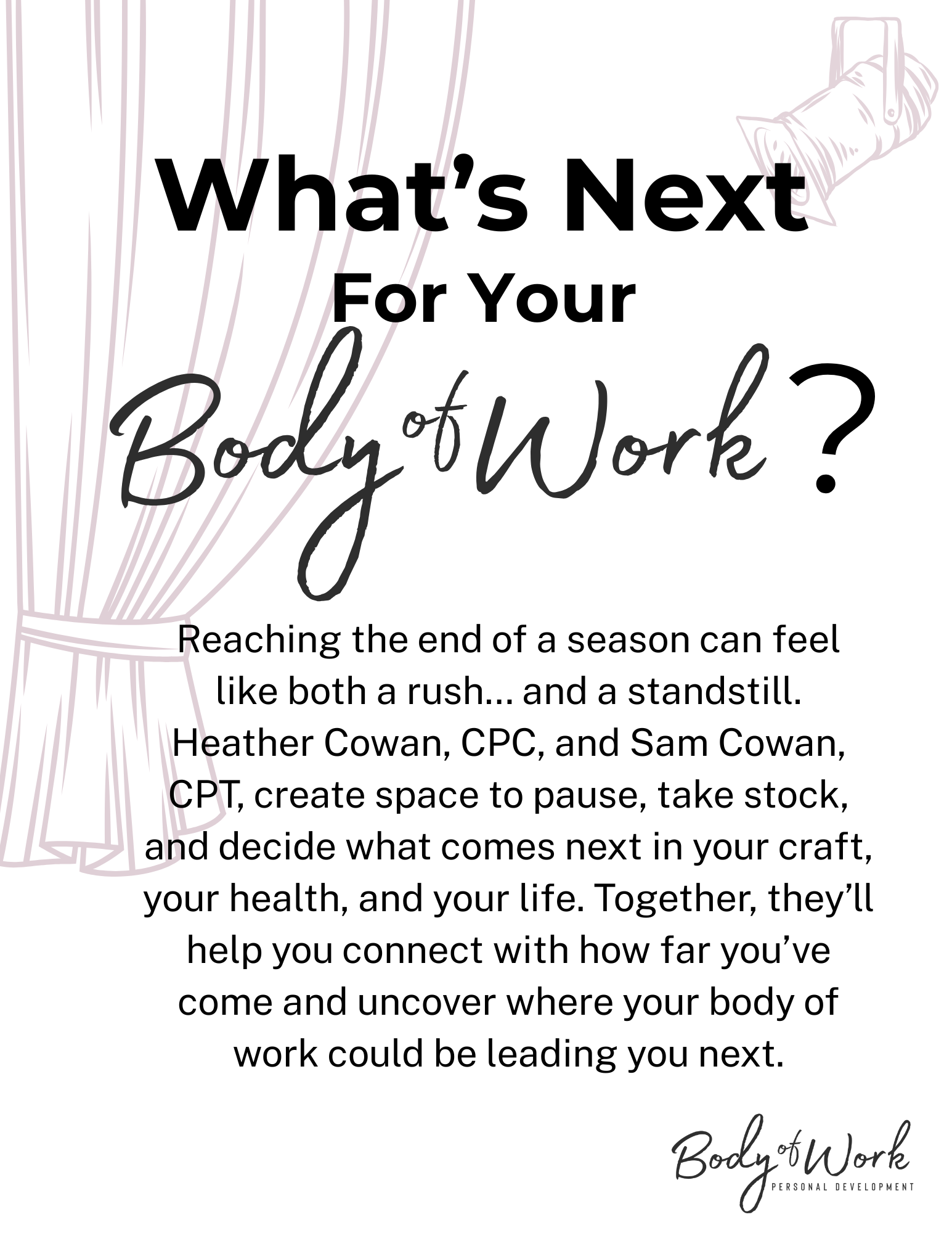 A magazine page with the headline 'What's Next For Your Body of Work?' accompanied by a drawing of a curtain in the background and a spool of thread in the top right corner, featuring a paragraph about career and personal development.