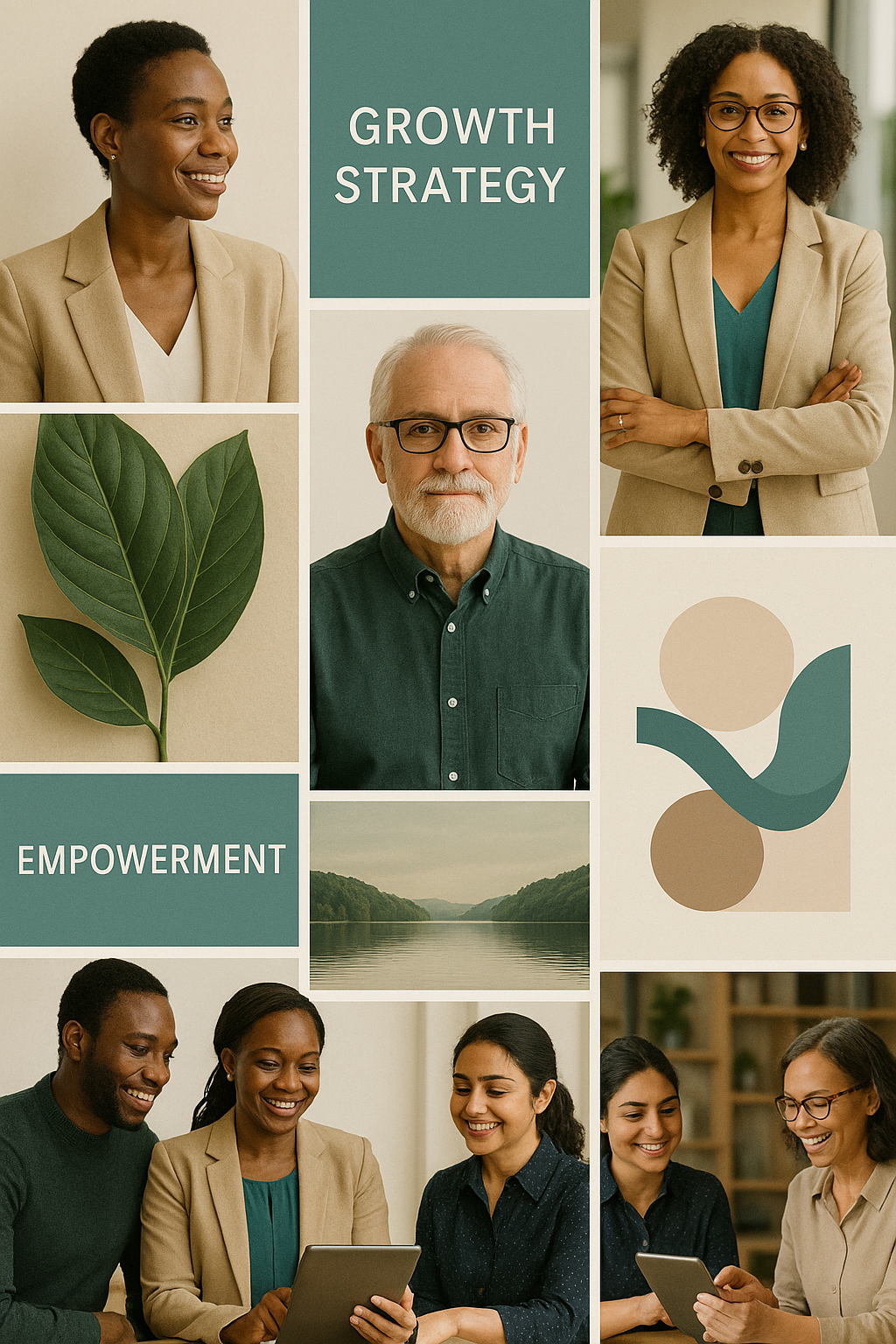 Collage of professional diverse women, a man, and a nature scene with the text 'GROWTH STRATEGY' and 'EMPOWERMENT'