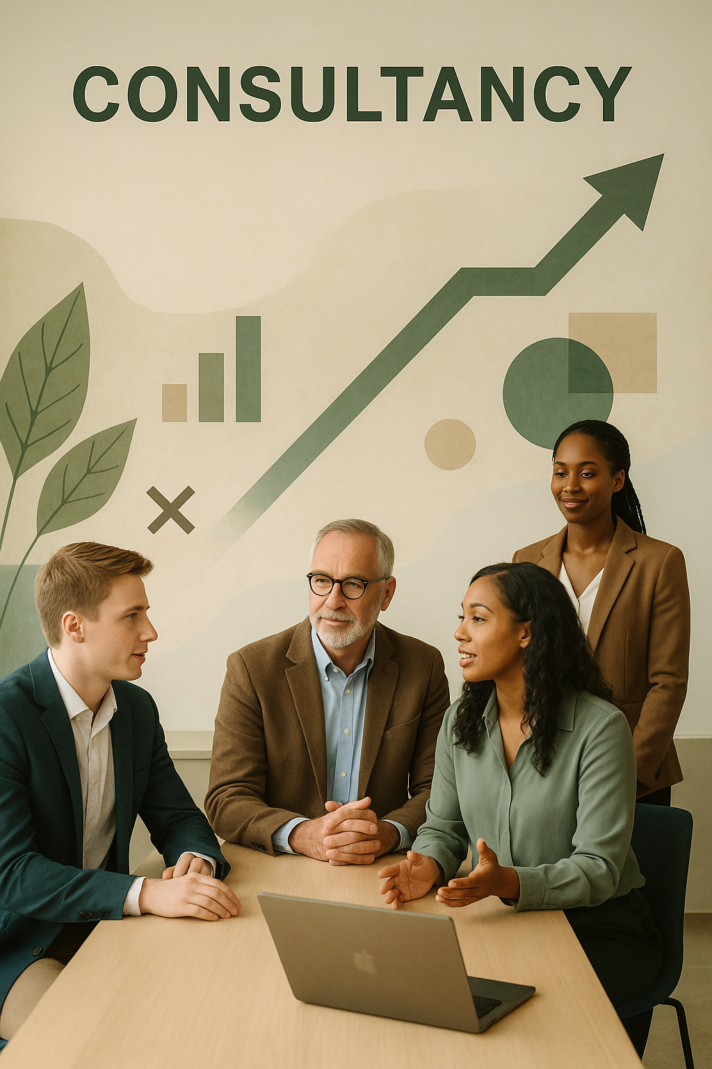 A group of five diverse professionals having a meeting in a conference room, discussing business strategy with a laptop. The background features a large "Consultancy" sign and an upward trending arrow, representing growth and success.
