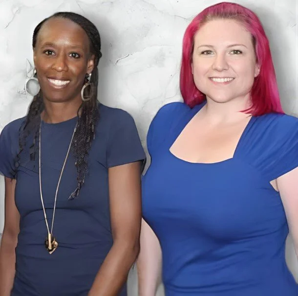 This is a photo of Hayley and Latasha, Jacksonville life transitions coaches. Both are wearing blue dresses.