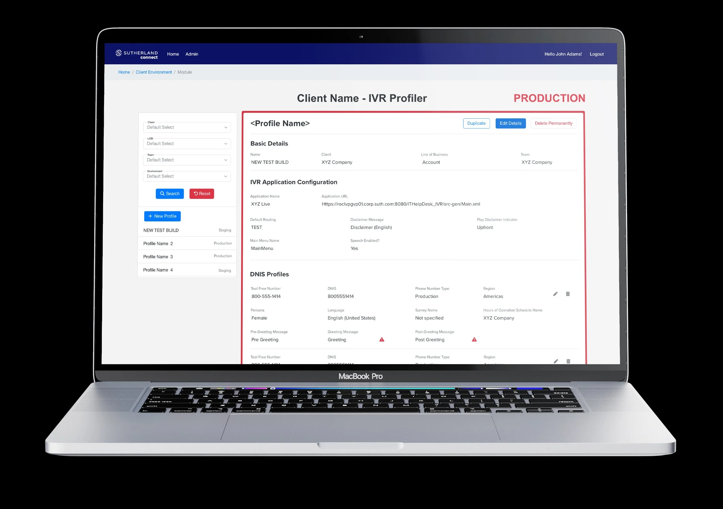 Laptop displaying a web application dashboard with client profile details, IVR configuration, and DNS profiles interface.