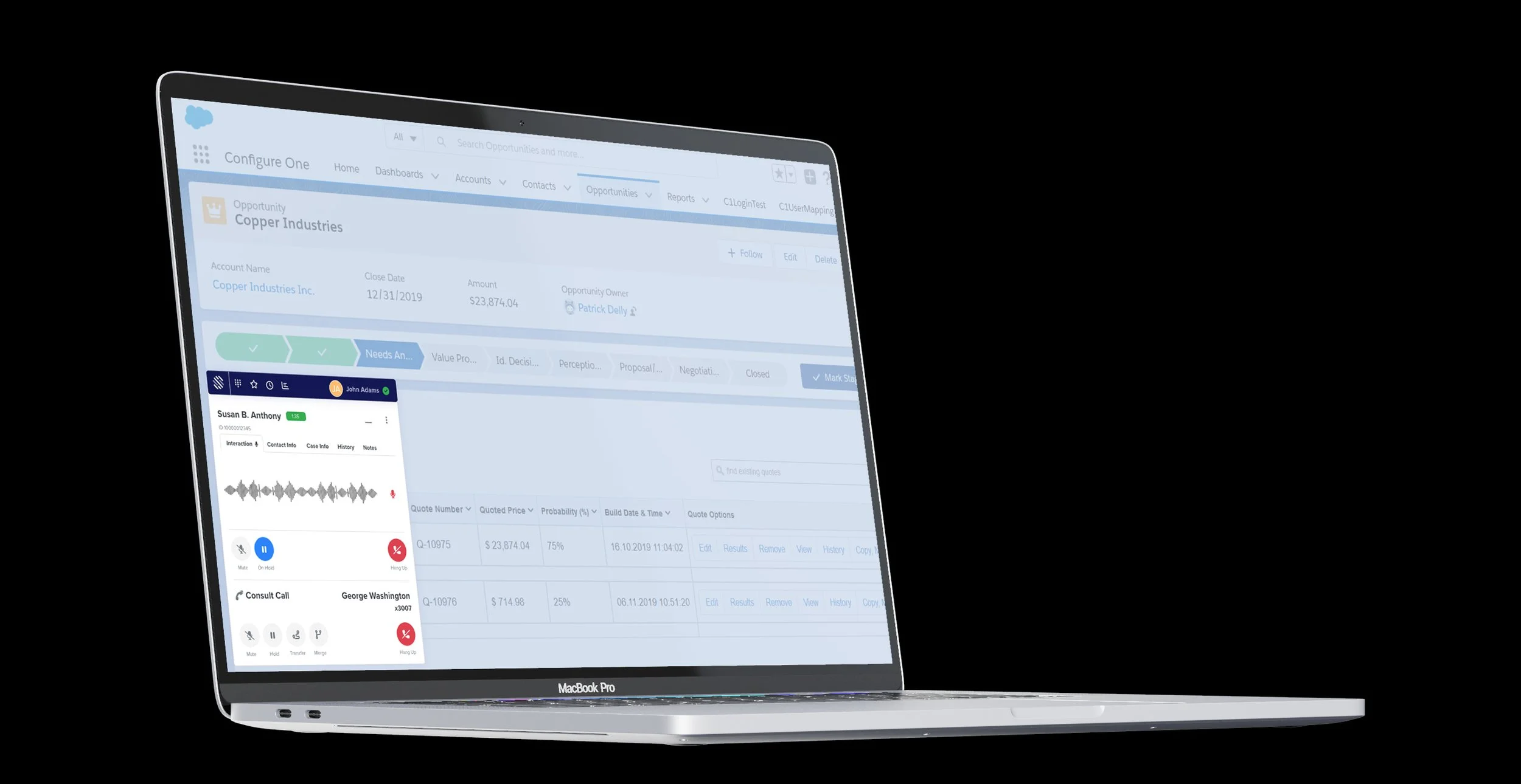 Open MacBook Pro displaying a Salesforce interface with opportunity details, customer interactions, and call logs on a black background.