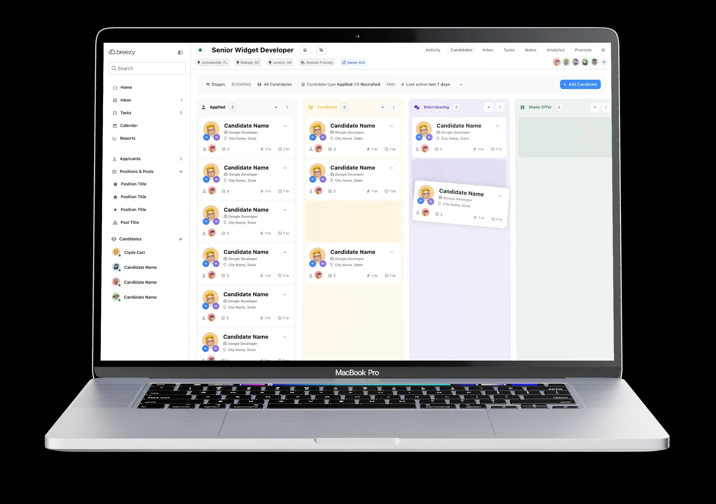 Open MacBook Pro displaying a recruitment management software with candidate stages labeled Senior Widget Developer, including Applied, Feedback, Interviewing, and Made Offer, with candidate cards under each stage.