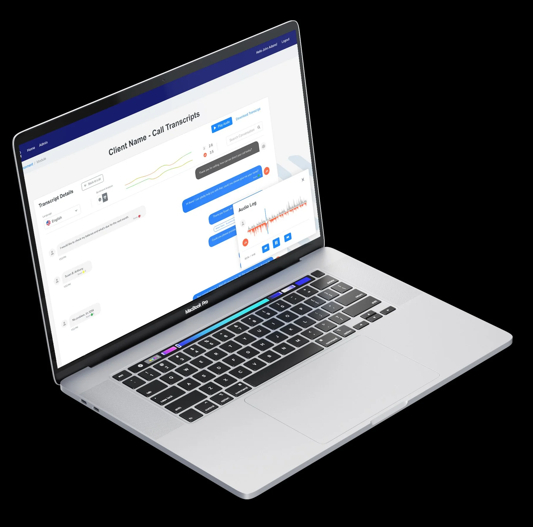 Open MacBook Pro with a call transcript and audio log on the screen, set against a black background.