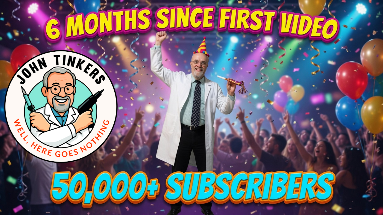 Celebration scene with a man dressed as a scientist holding a party popper, colorful balloons, confetti, and a crowd in the background. Text reads '6 Months Since First Video' and '50,000+ Subscribers' with a logo of John Tinkers, a character in a lab coat holding syringes and a pen, with the slogan 'Well, Here Goes Nothing.'