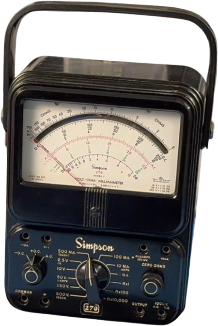 A vintage Simpson analog ohmmeter with a needle moving across a scale, featuring multiple dials and input terminals.