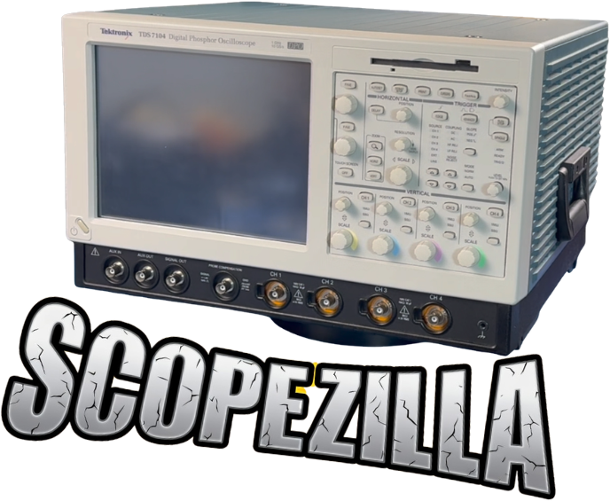A Tektronix digital phosphor oscilloscope with a large display screen and various control knobs and buttons, labeled 'SCOPEZILLA' in stylized text.