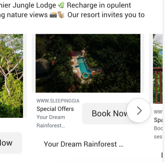 An aerial view of a hotel with a swimming pool surrounded by lush rainforest vegetation.