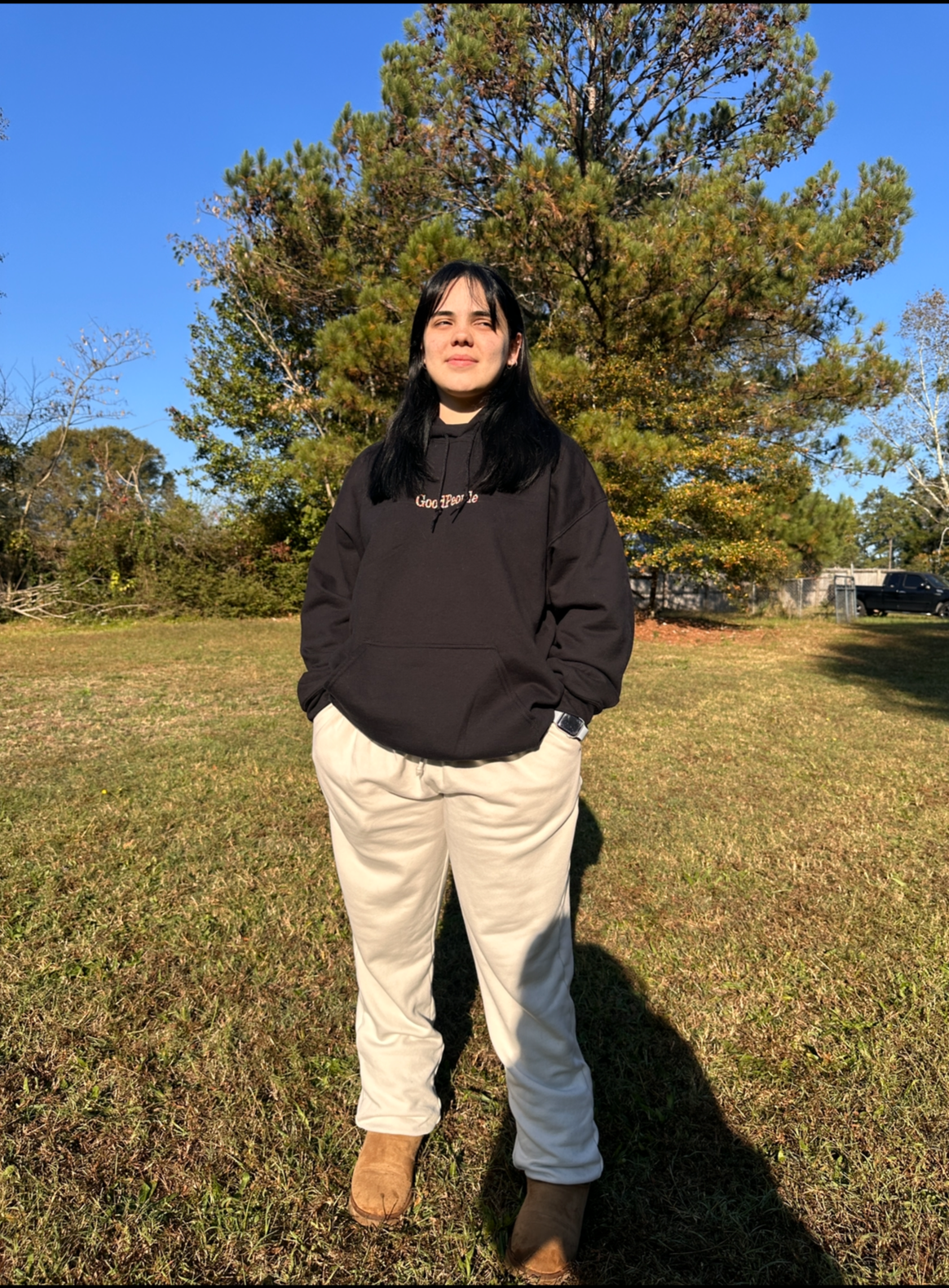 Model wearing Good People Pride Hoodie