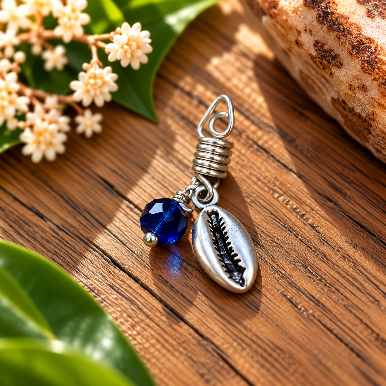 Sapphire Blue Cowrie Charm on Wood.png