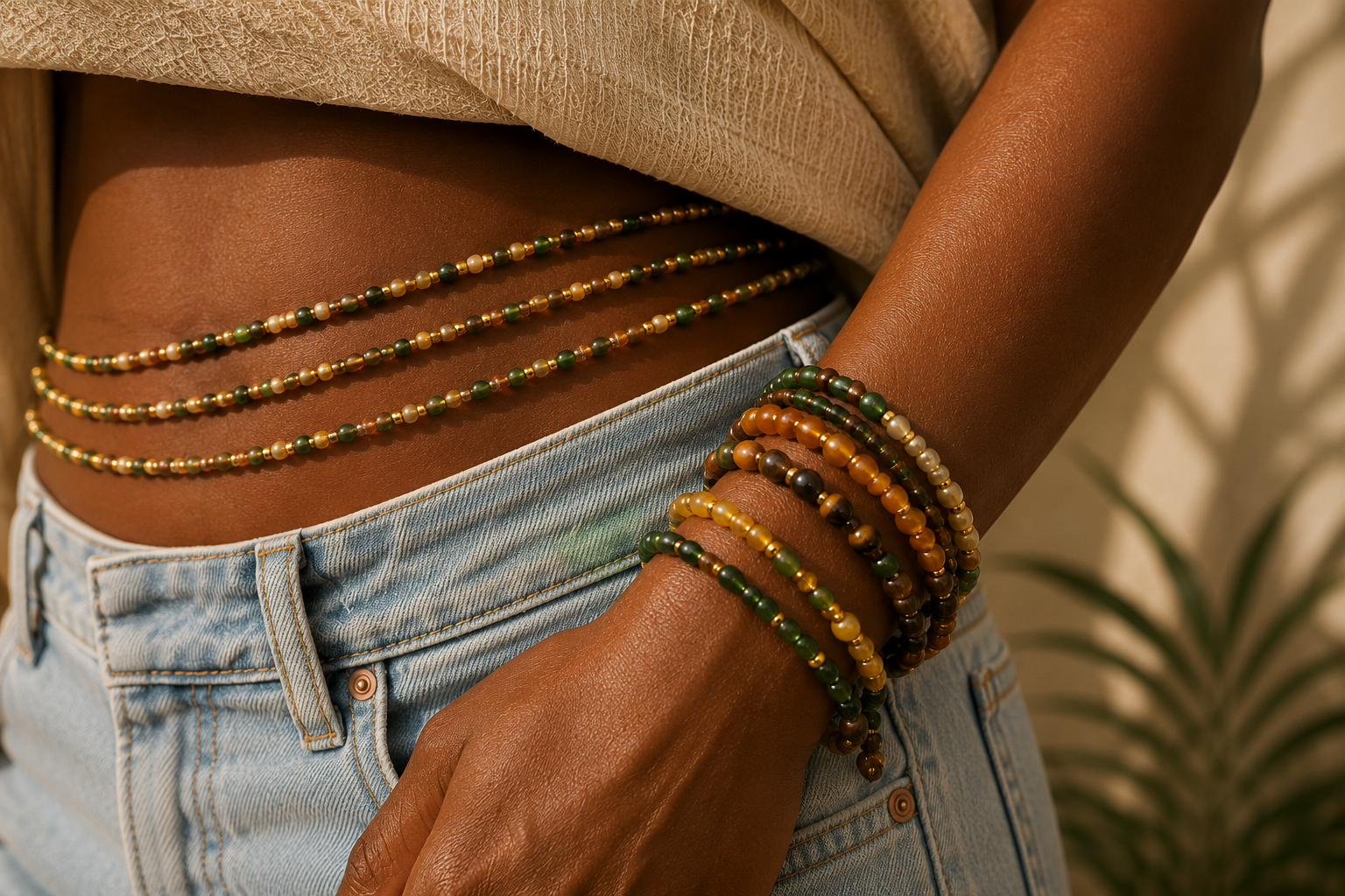 Woman wearing colorful handmade waistbeads and stacked beaded bracelets by Cornerstone Adornments.