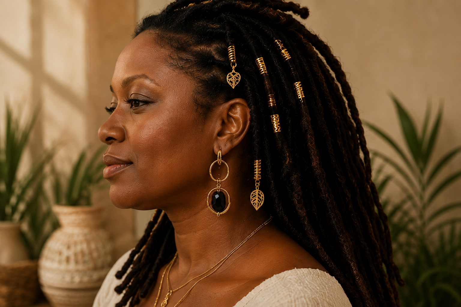 Close-up of locs decorated with handmade gold loc jewelry, beads and charms from Cornerstone Adornments.