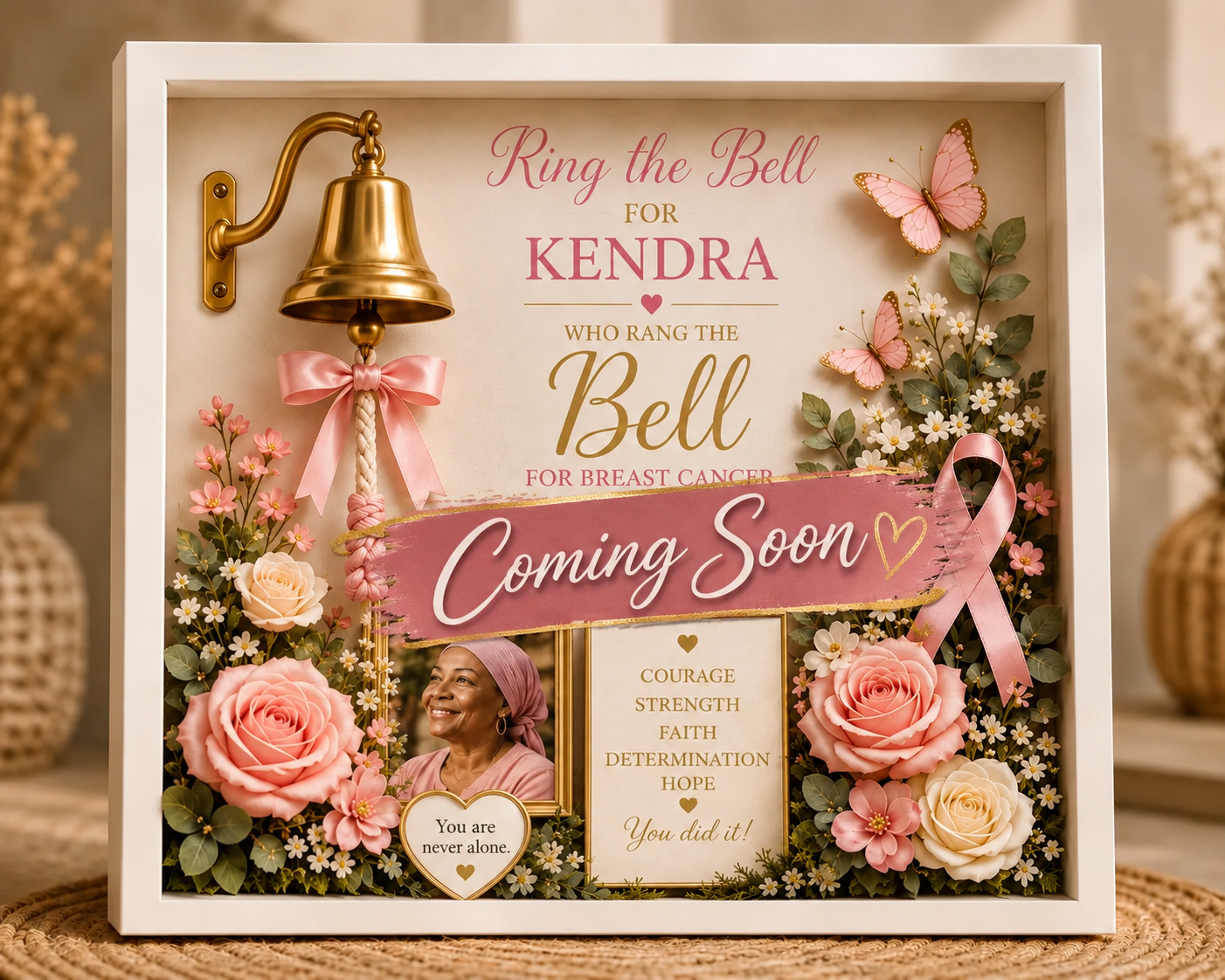 Handmade breast cancer Victory Box featuring a decorative frame, flowers, butterflies and bell celebration design.