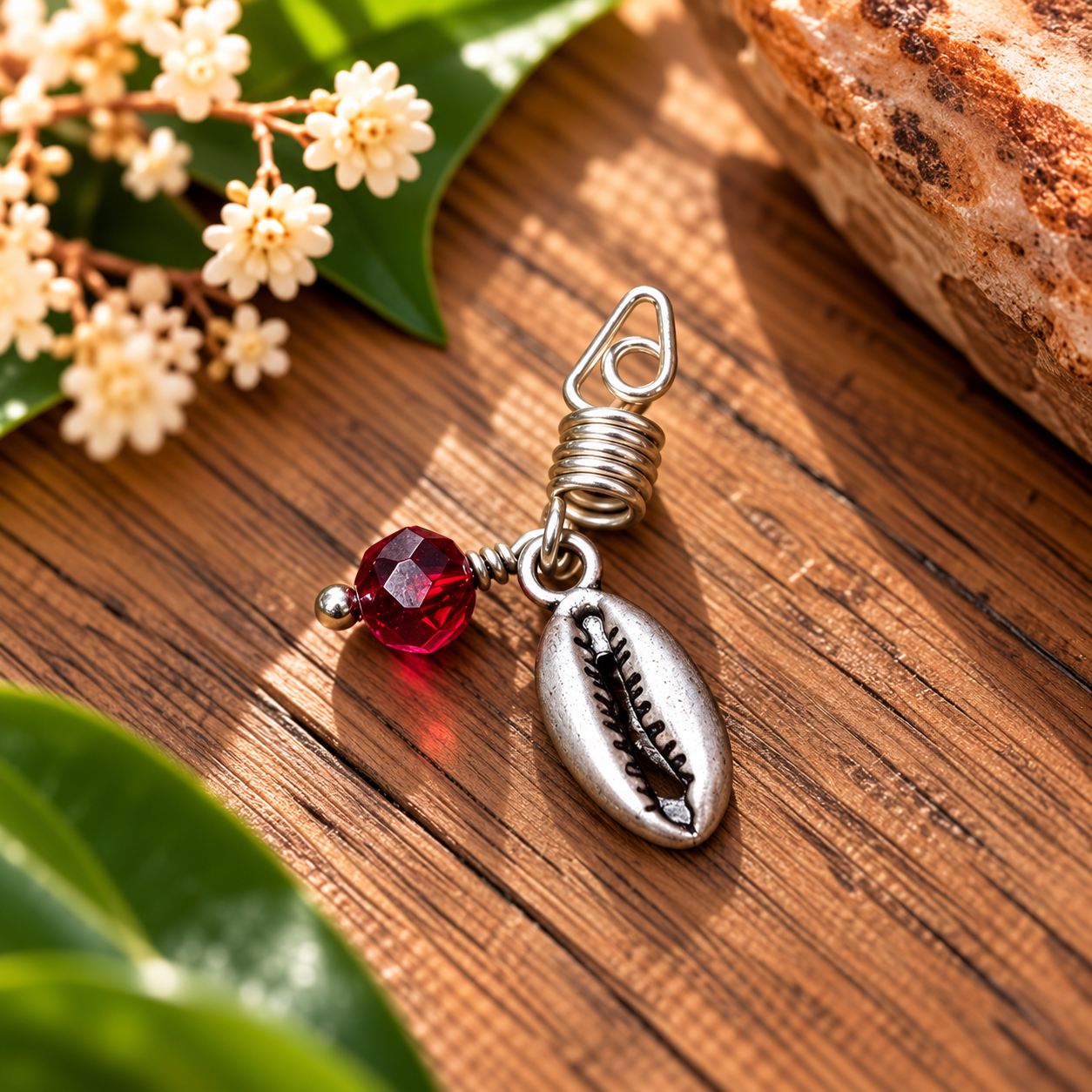 Ruby Cowrie Charm on Rustic Wood.png