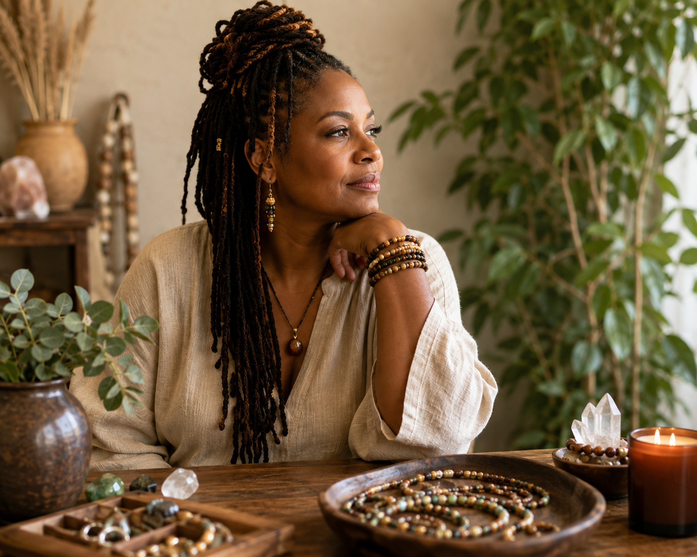 Woman surrounded by handmade jewelry, beads and gemstones in a warm bohemian creative workspace.