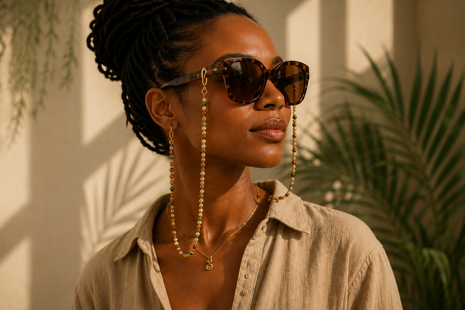 Woman wearing a handmade beaded eyeglass chain with tortoise shell sunglasses by Cornerstone Adornments.
