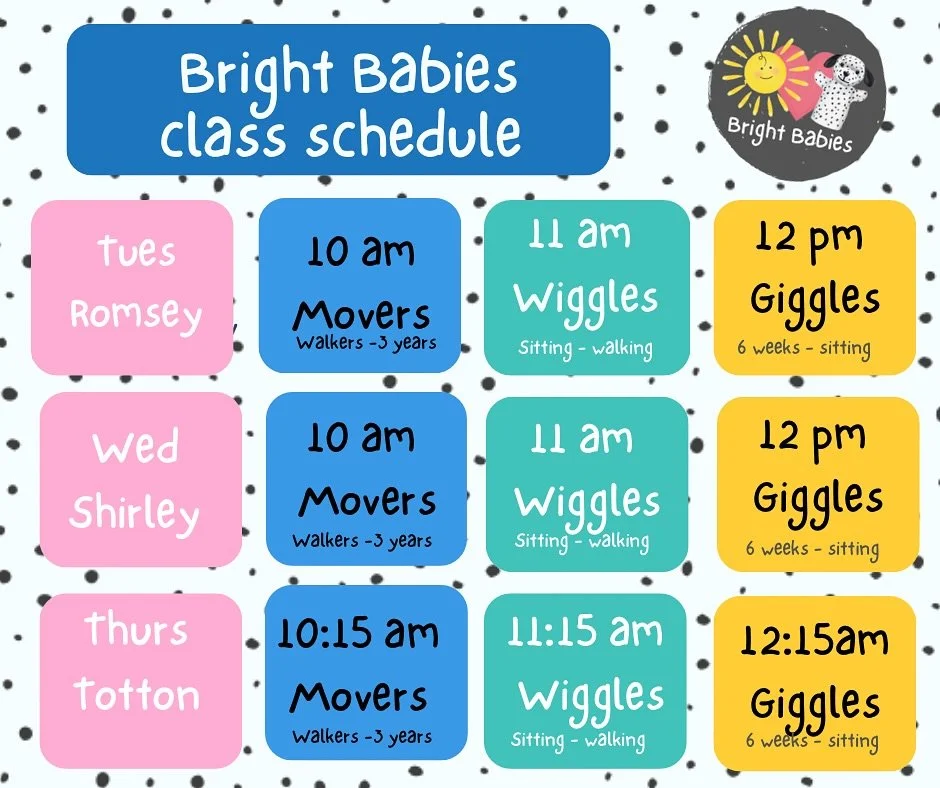 ❤️☀️Bright Babies - baby and toddler classes now taking  bookings! ☀️❤️

Tuesday- ROMSEY at Woodley Village Hall, Romsey, SO51 7UA 

Wednesday - SHIRLEY, St James Methodist Church - Hall B - SO15 5HE

Thursday - TOTTON at Calmore Community Center, Ca