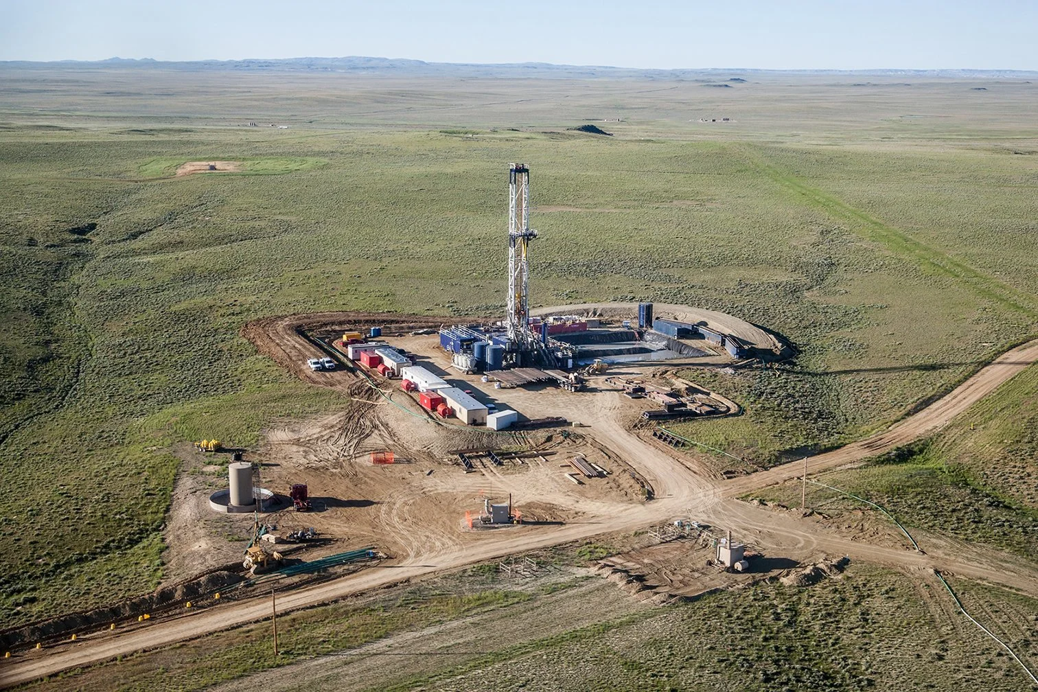 Aerial of a drilling rig in Central Wyoming
